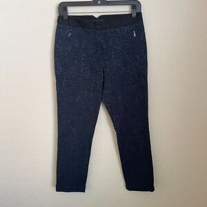 BCBG MAX AZRIA Pants Womens Size XS Navy Blue Paisley Flat Front Zippered Pocket